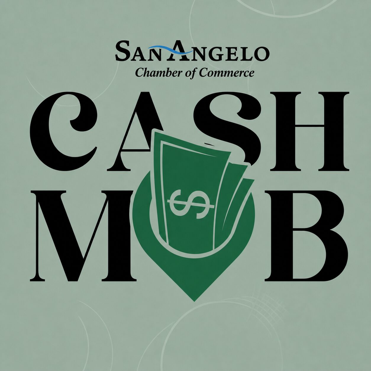 Cash Mob logo from the San Angelo Chamber of Commerce featuring cash bills and a green location pin.