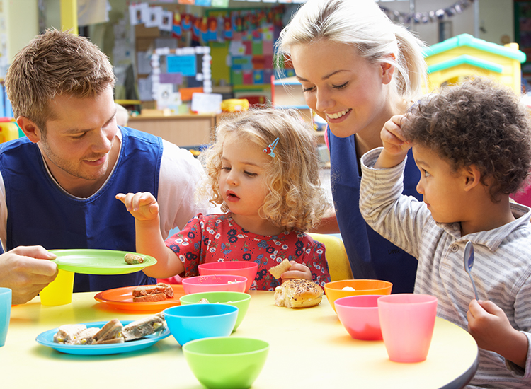 kids and colorful plates with adults