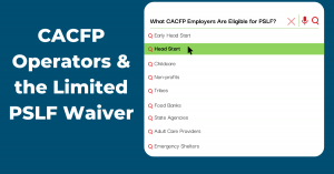 A graphic of a search bar with the search query "what cacfp employers are eligible for the PSLF?"