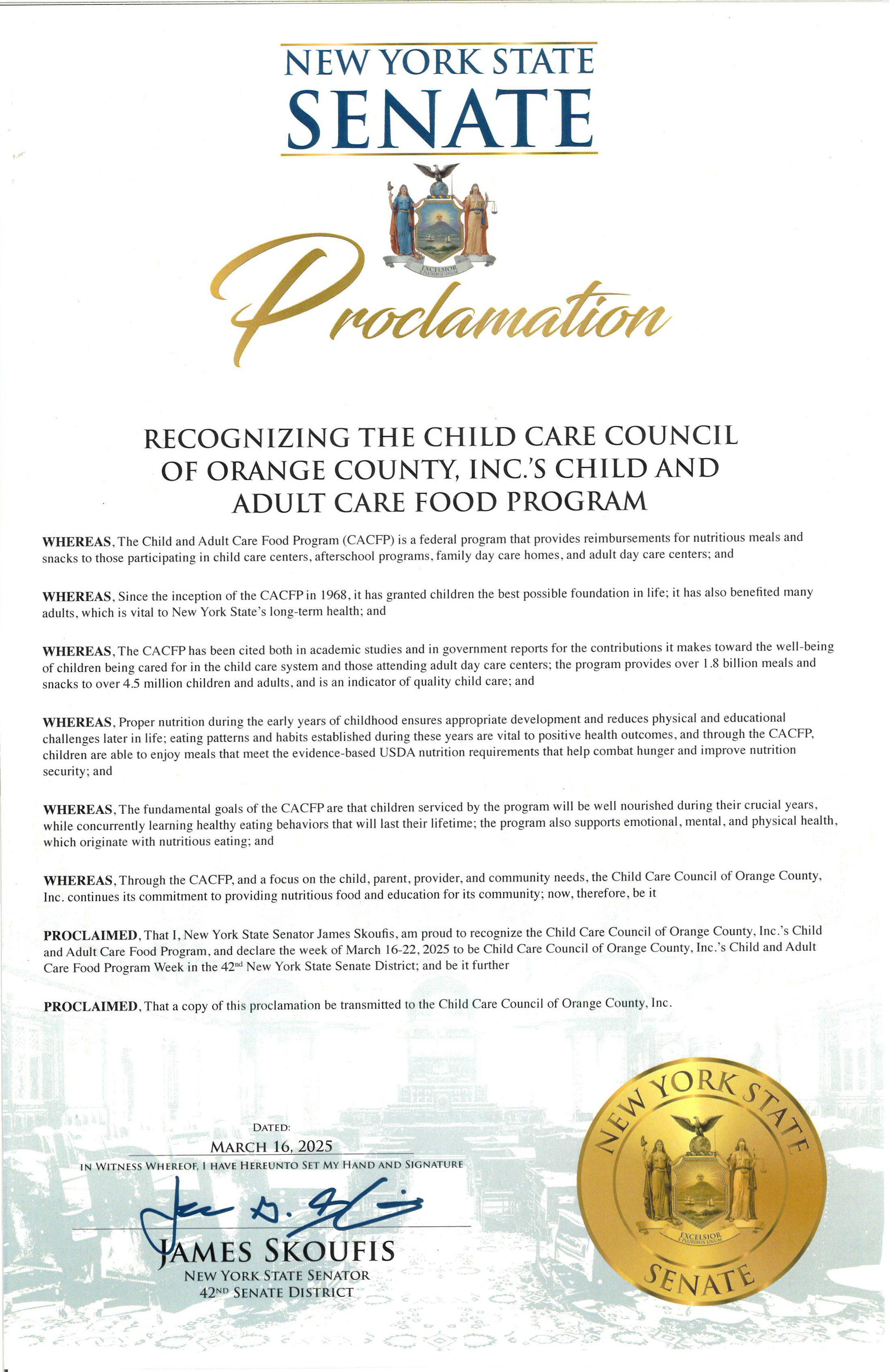 42nd District New York CACFP Week Proclamation