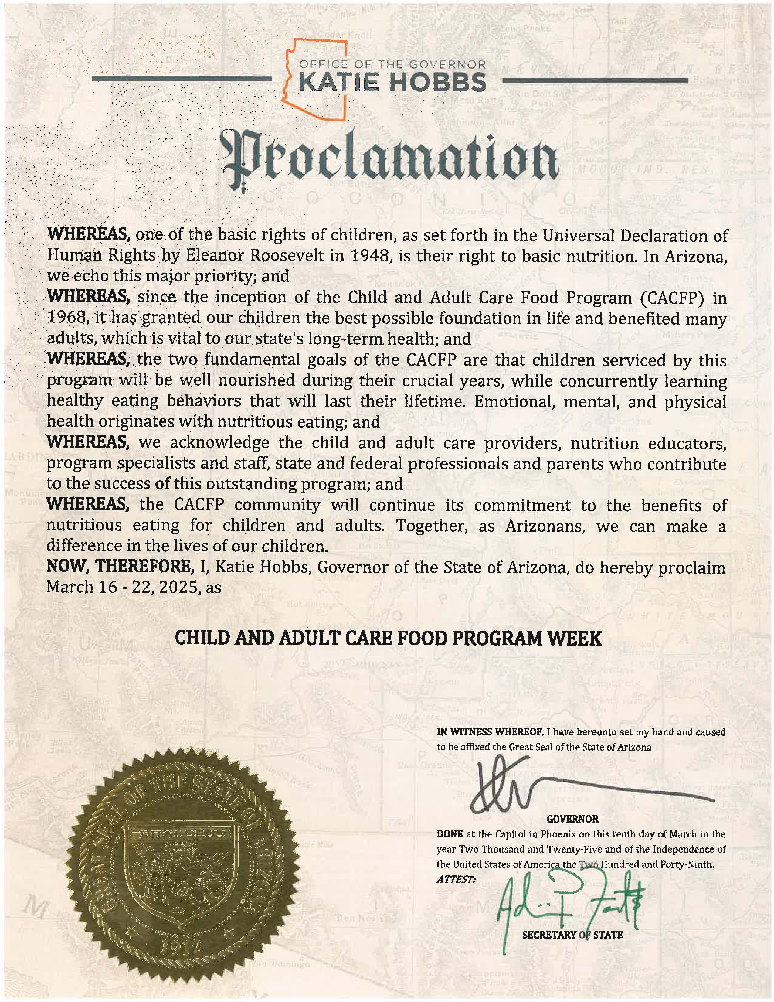 Arizona 2025 CACFP Week Proclamation