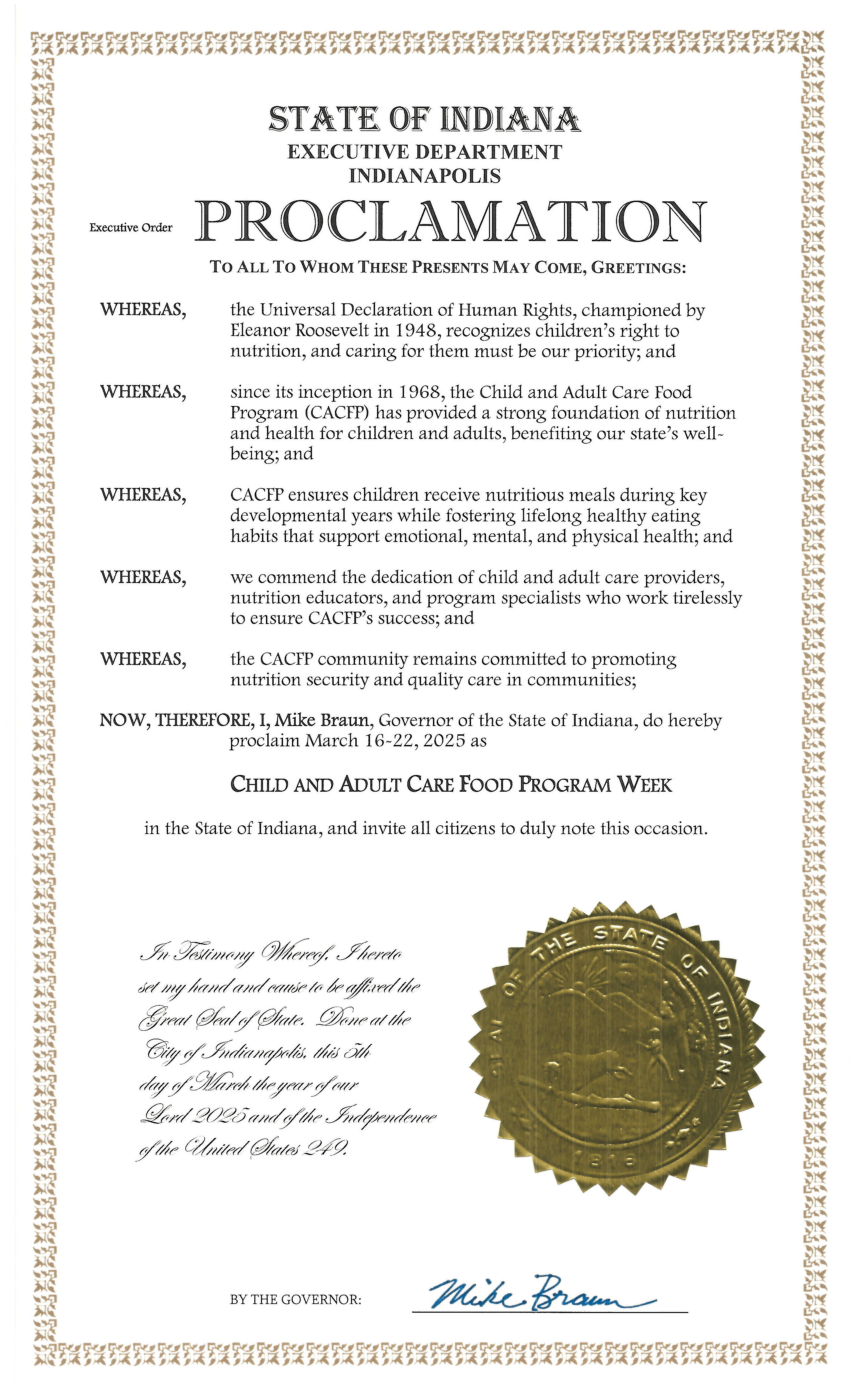 Indiana 2025 CACFP Week Proclamation