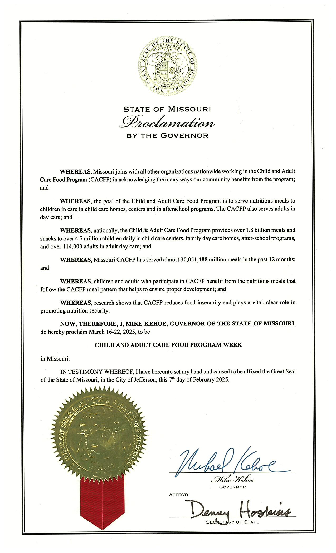 Missouri 2025 CACFP Week Proclamation