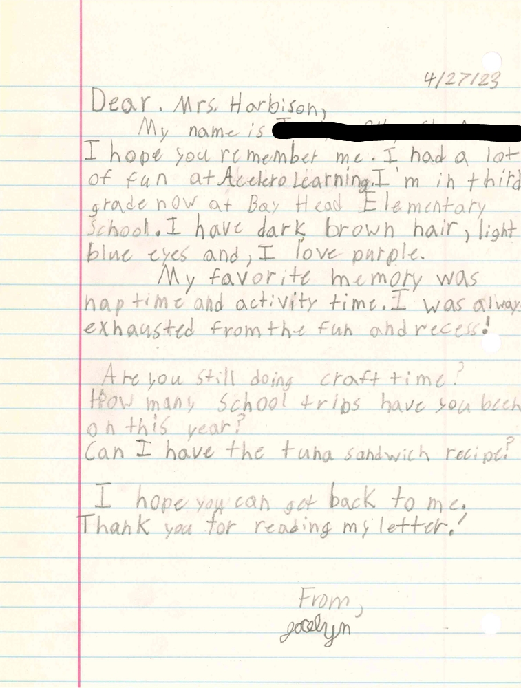 Letter from Head Start Attendee Letter from Head Start Attendee