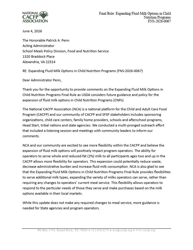 NCA Response USDA Fluid Milk Final Rule