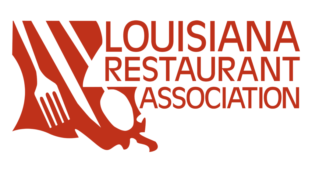 Red Louisiana Restaurant Association logo. Eating Utensils are outlined in the image of the state of Louisiana