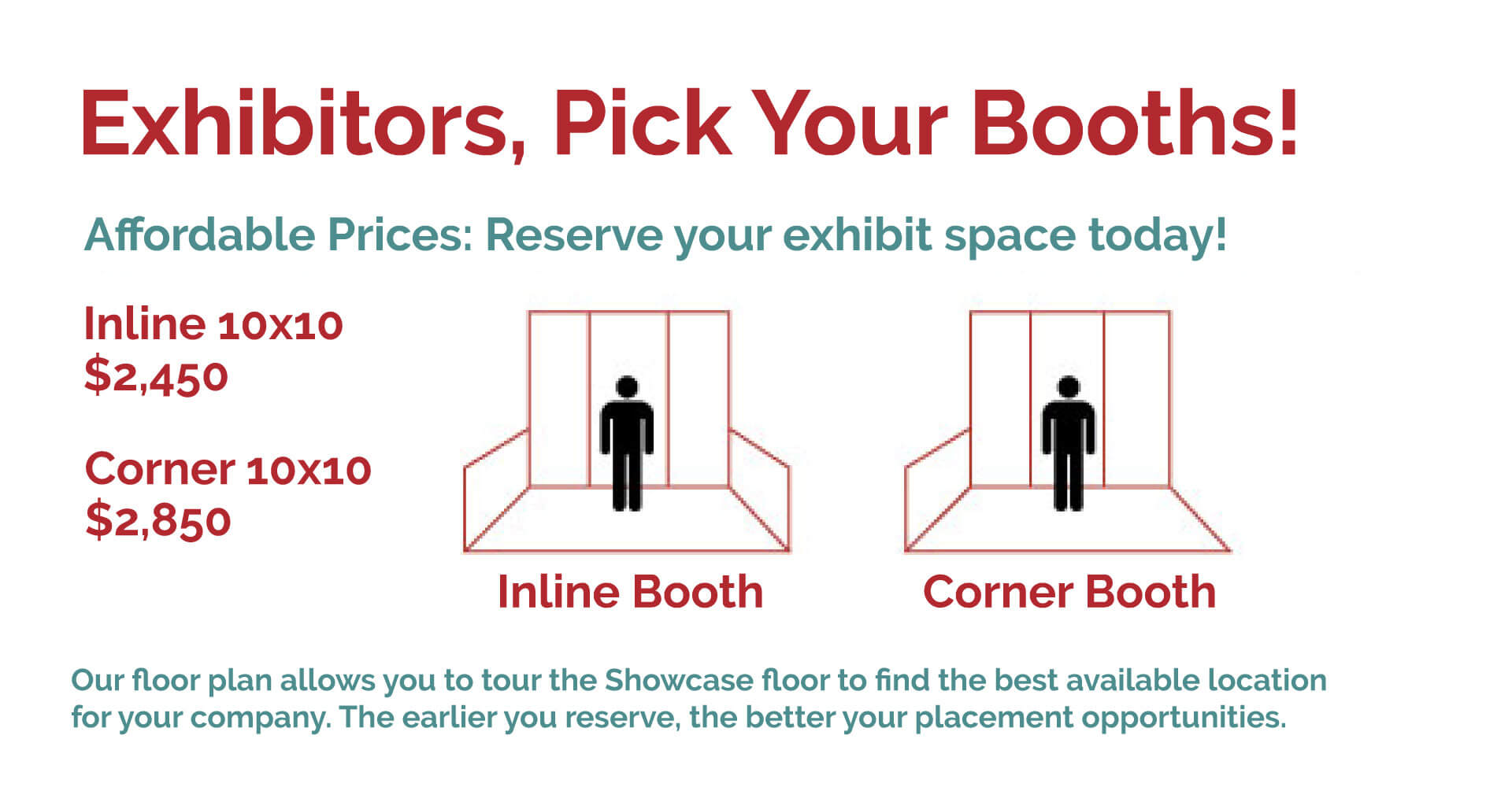 Graphic describing booth sizes for the LRA Tradeshow. Sizes and Prices for booh