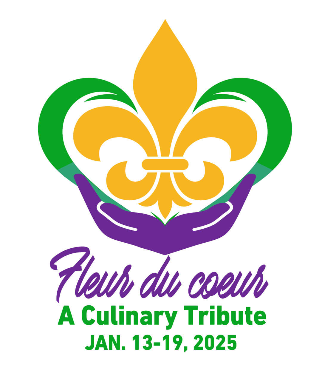 A Culinary Tribute fleur de lis, heart, open hands green purple gold