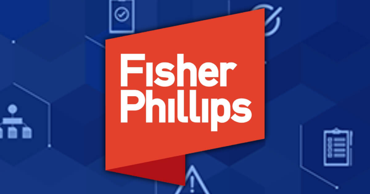 Logo of Fisher Phillips on a blue background, featuring legal and business icons representing their law firm's focus areas.