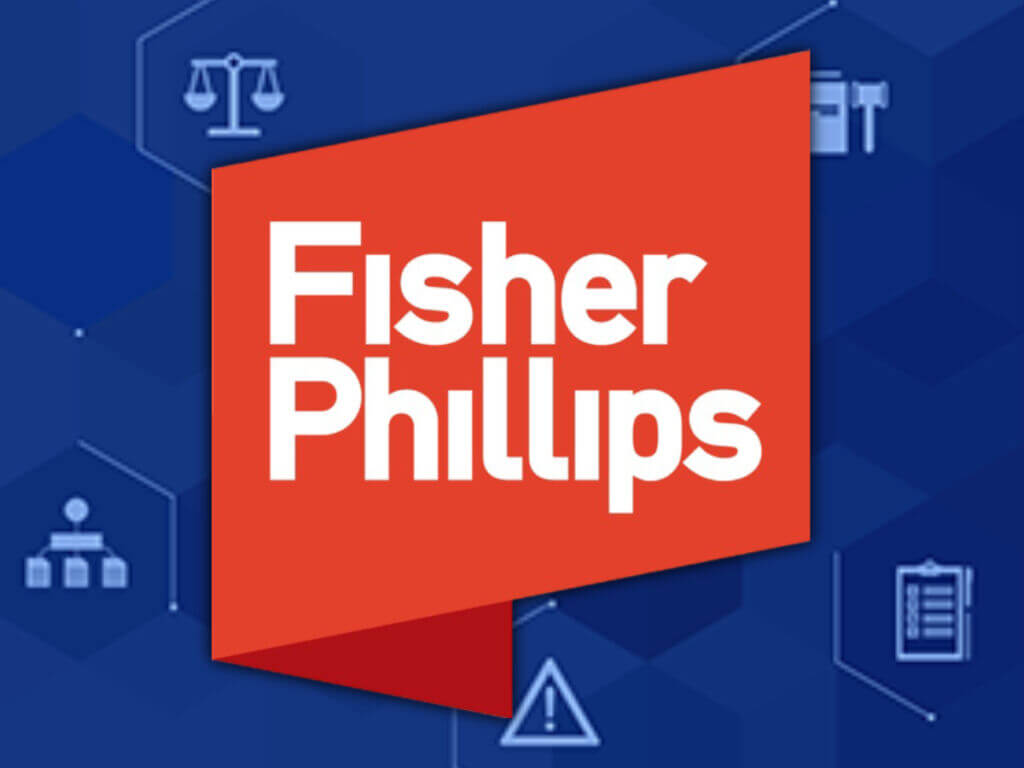 Logo of Fisher Phillips on a blue background, featuring legal and business icons representing their law firm's focus areas.