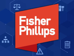 Logo of Fisher Phillips on a blue background, featuring legal and business icons representing their law firm's focus areas.