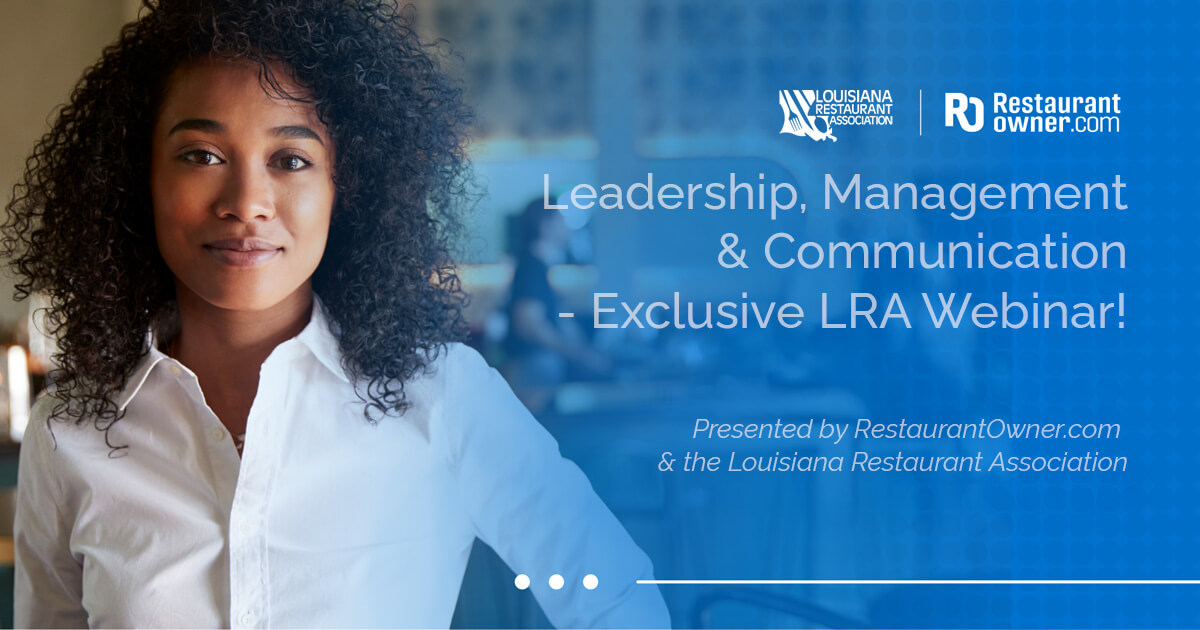 Restaurant Owner LRA website Person in a white shirt with webinar details on a blue background.