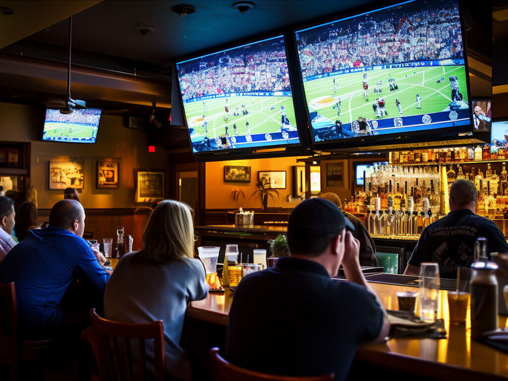 Patrons in a bar watching a football game on multiple large TVs above the bar counter.