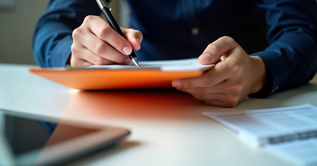 Untitled-1 A person in a blue shirt holds an orange folder and writes with a pen on paper at a desk, conveying focus and professionalism.