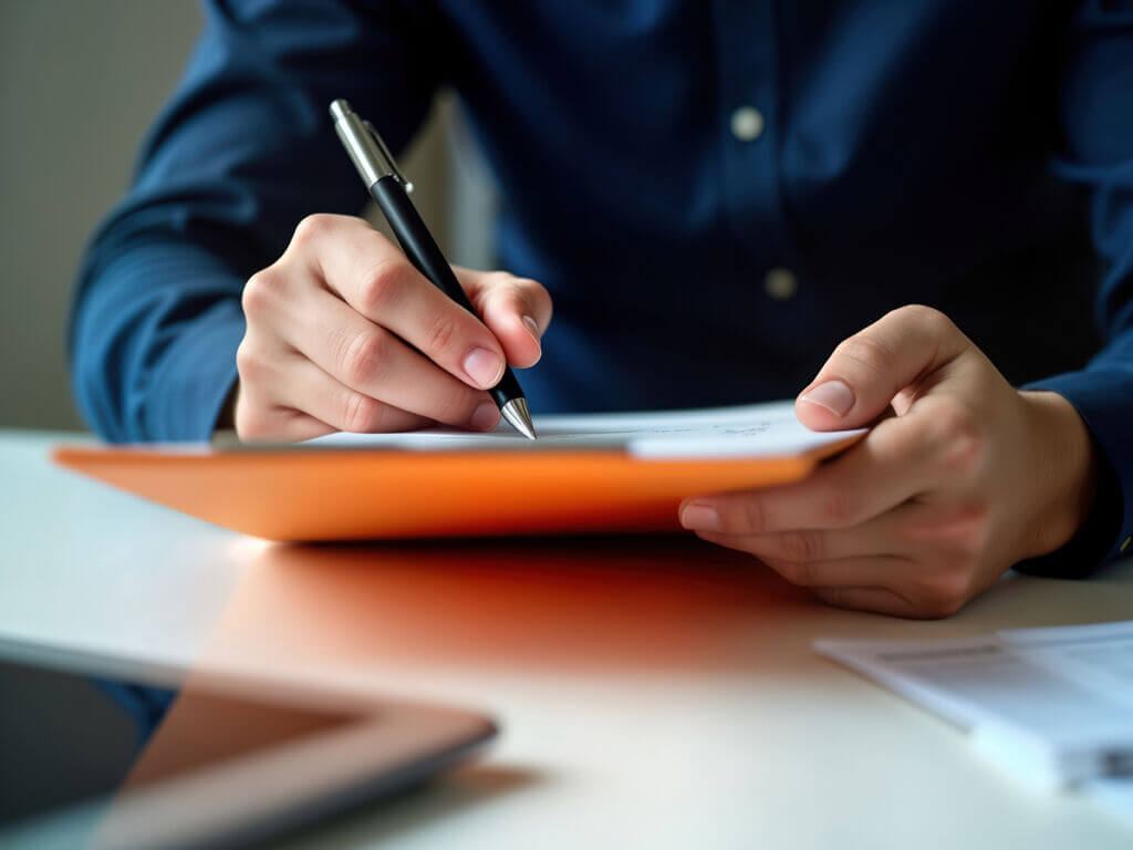 A person in a blue shirt holds an orange folder and writes with a pen on paper at a desk, conveying focus and professionalism.