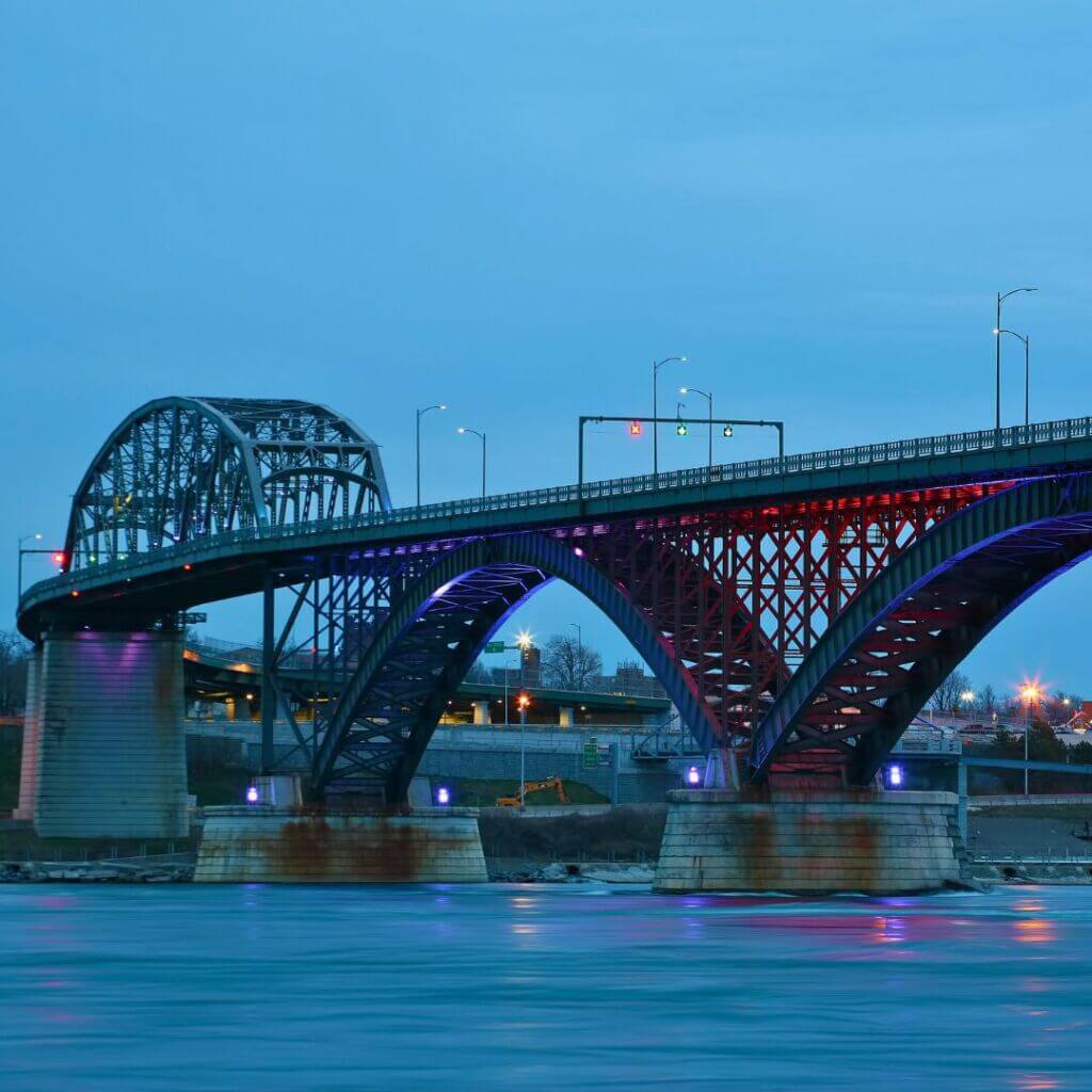 The Peace Bridge connecting the United States and Canada