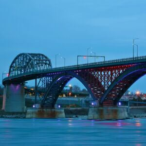 The Peace Bridge connecting the United States and Canada