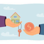Person buying house. Two hands exchanging coin on house and keys. Purchase, real estate concept for banner, website design or landing web page