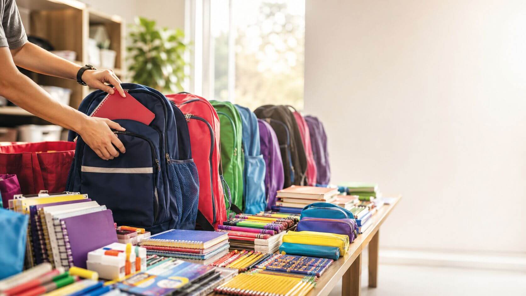 Colorful backpacks and school supplies ready for donation to Mutual Ground families