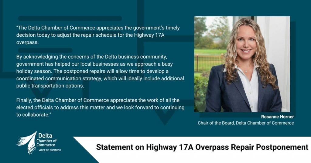 An image of a white woman with blonde hair (Rosanne Horner), smiling at the camera, with the Delta Chamber logo on a dark blue/green background and the quote from Rosanne which is included in the blog post, as follows: “The Delta Chamber of Commerce appreciates the government’s timely decision today to adjust the repair schedule for the Highway 17A overpass. By acknowledging the concerns of the Delta business community, government has helped our local businesses as we approach a busy holiday season. The postponed repairs will allow time to develop a coordinated communication strategy, which will ideally include additional public transportation options. Finally, the Delta Chamber of Commerce appreciates the work of all the elected officials to address this matter and we look forward to continuing to collaborate on solutions.”