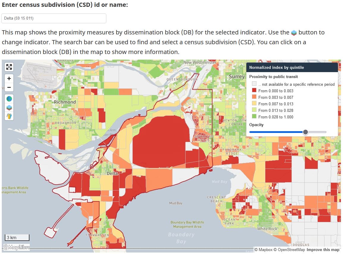 A screenshot of Statistics Canada's "Proximity to Services" interactive mapping web page, showing proximity to public transit. This screenshot shows Delta, BC.