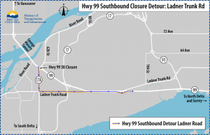 This image shows Detour Map #4 for Southbound traffic from Hwy 99 when it is closed