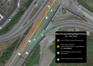 A photo of the Hwy 17A overpass of Hwy 99 which labels each direction of traffic as well as the section of the overpass damaged in July 2023 and requiring repair.
