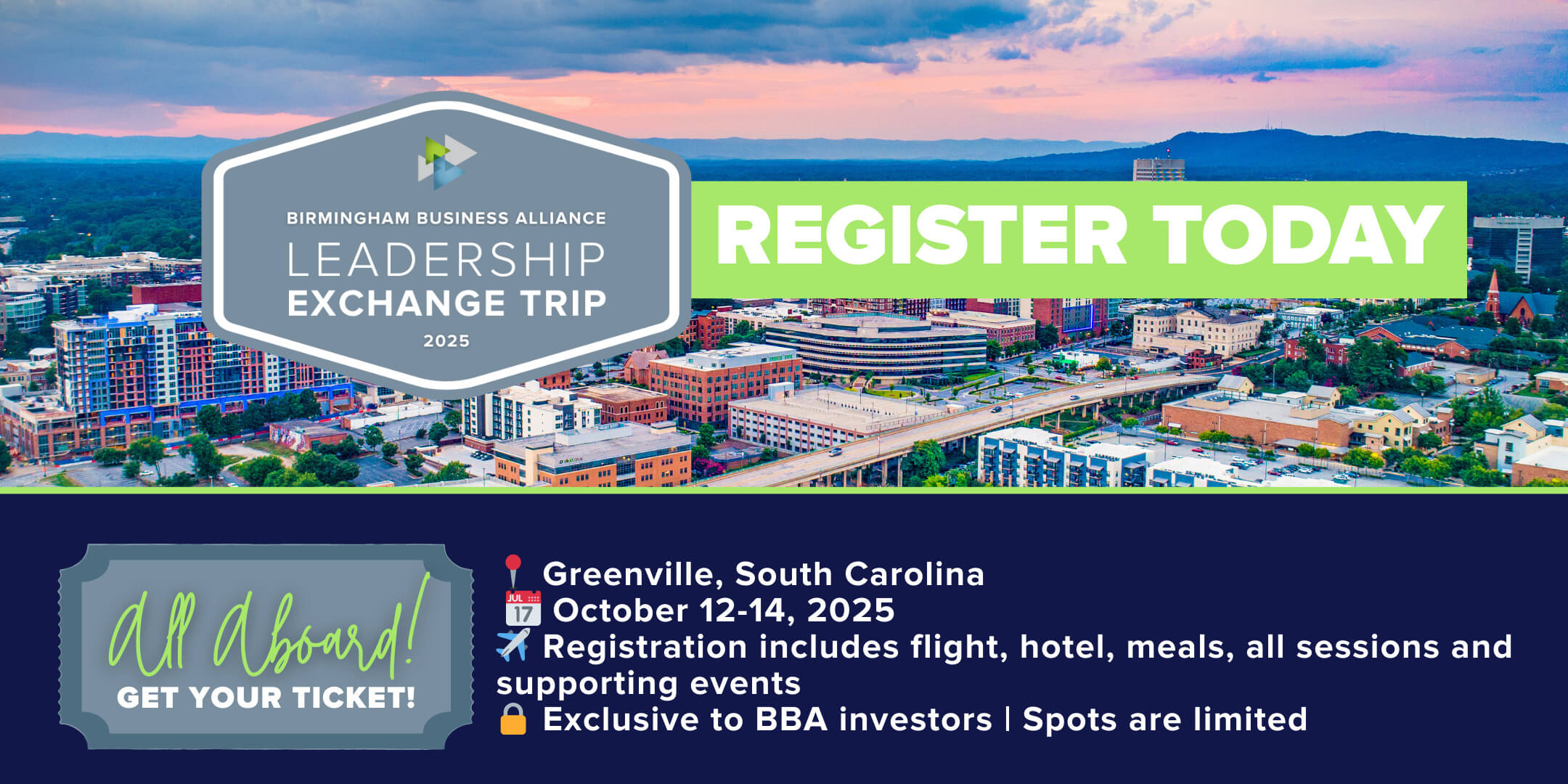 Graphic explaining the details of leadership exchange and a message that says register today