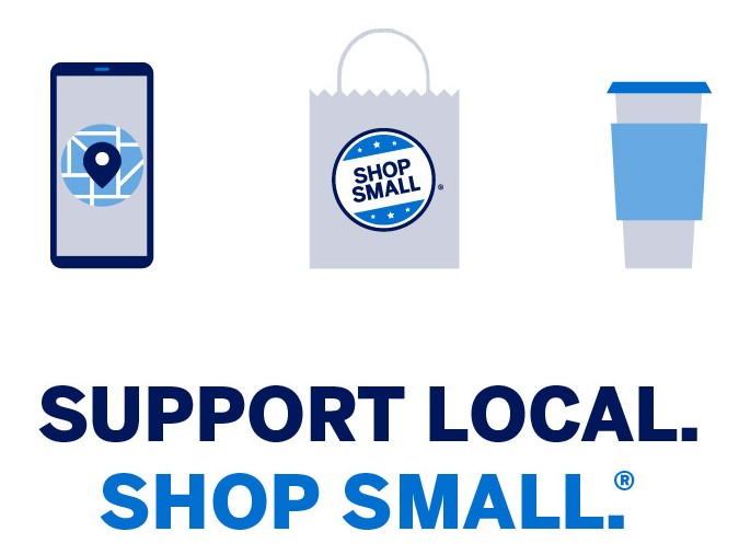 Graphic that says 'support local, shop small' accompanied with an image of a phone, cup, and shopping bag