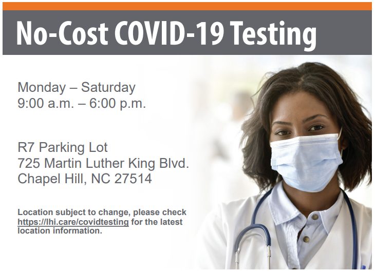 A graphic detailing no-cost COVID testing in Chapel Hill