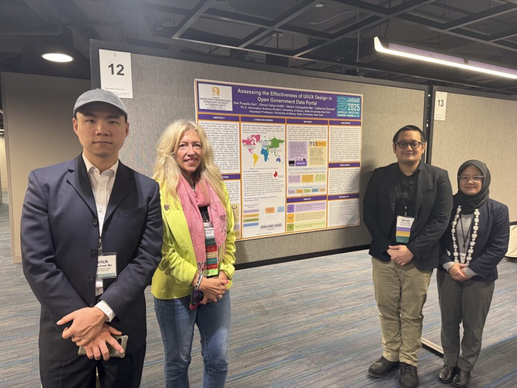 Derrick Ma, Catherine Dumas, Dimaz Ardhi, and Dwi Sari, flanking their poster on Assessing the Effeciveness of UI/UX Design in Open Government Data Portal.