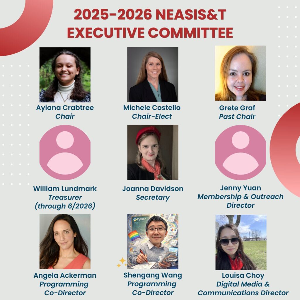 Image containing profile pictures, names, and positions of the members of the 2025-2026 NEASIST Executive Committee.
