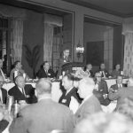 Dr. Alexander King responding to Mr. Henkle's remarks on behalf of FID delegates. Speakers' table, l to r: Dr. J. M. Meyer, Mr. C. D. Gull (ADI president-elect), Herman Henkle, L. Quincy Mumford