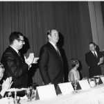 Senator Hubert Humphrey, Charles Bourne at podiumbeing honored at banquet