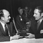 John Sherrod giving gavel to Robert J. Kyle. Sherrod was 1973 ASIS president; Kyle was 1972 president