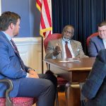 2022 Chamber Board Chairman John Oke-Thomas speaks with then State Treasurer Scott Fitzpatrick during the 2022 Chamber Board Advocacy Day