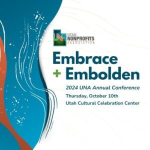 Blue and orange design waves on the left side, with text on the right, saying "Embrace + Embolden" with the conference date.