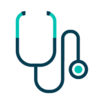 Dark blue stethoscope icon with light blue accents.