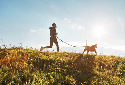 man and dog jogging along a grassy hilltop