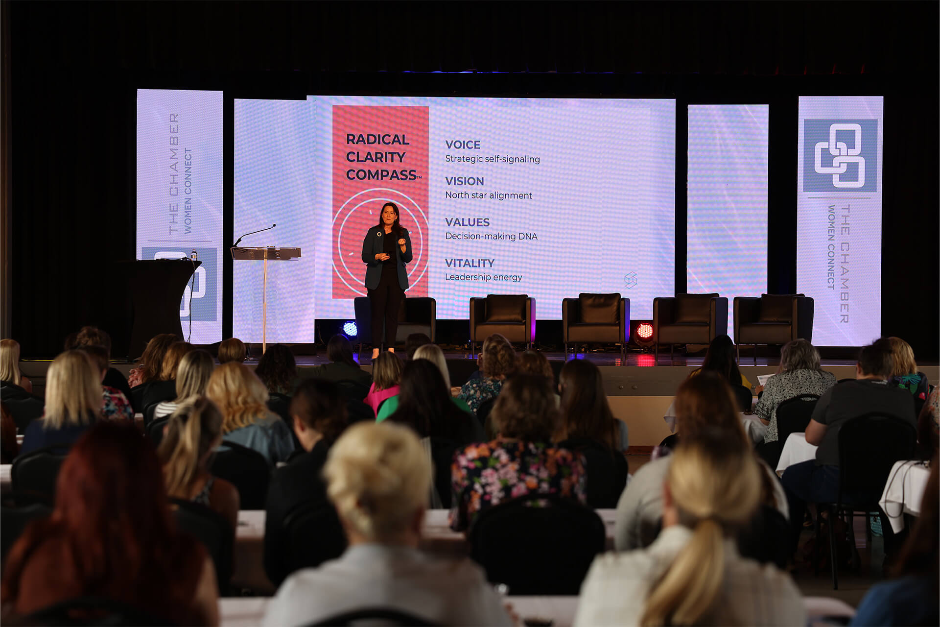 Kristi Huber speaks during a Women Connect session about reclaiming your voice, vision, values and vitality