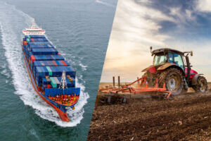 Side by side image of a ship with shipping containers and a tractor plowing a field. Meant to depict how tariffs and trade policy affect Fargo-Moorhead.