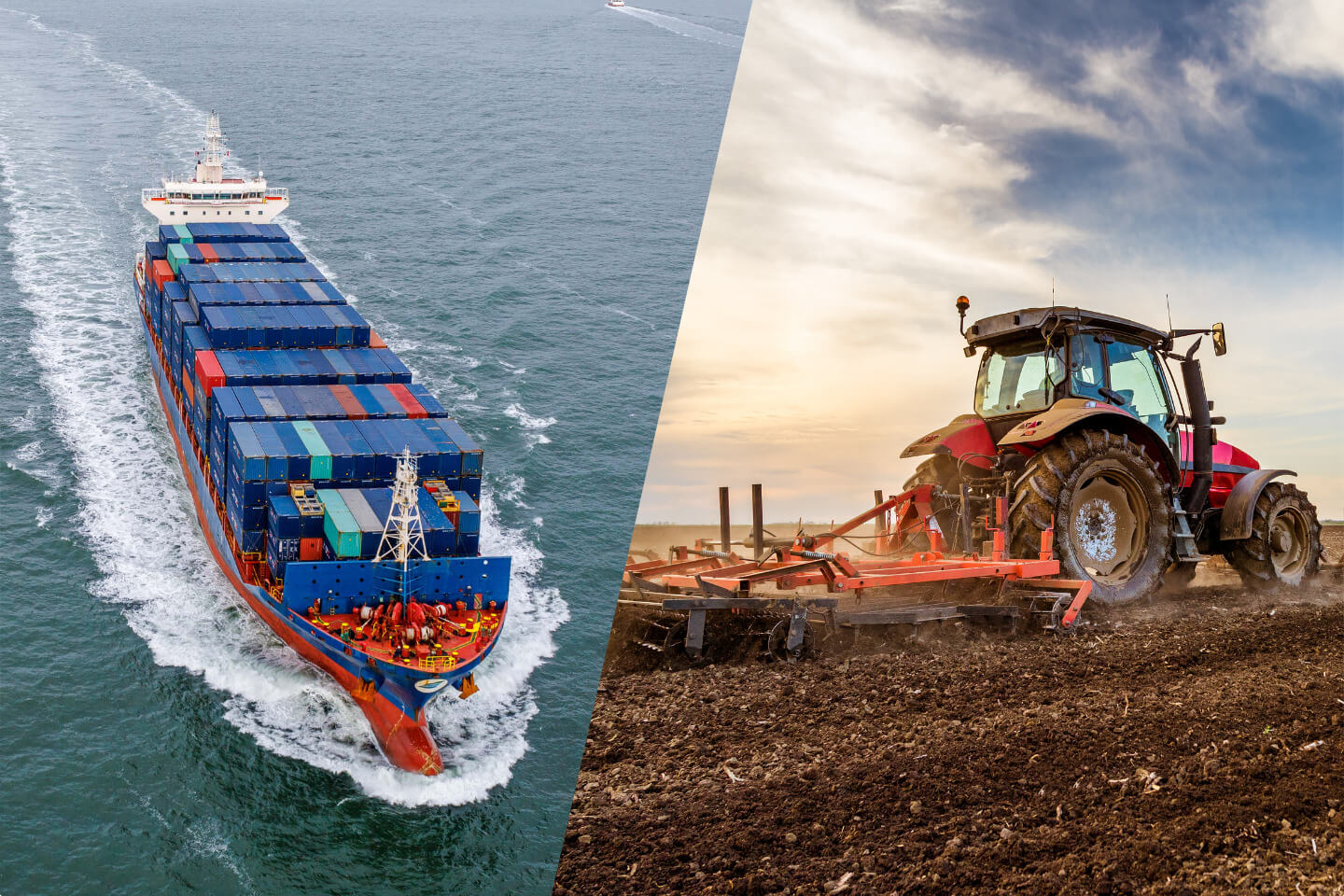 BLOG HEADERS_Pulse (1) Side by side image of a ship with shipping containers and a tractor plowing a field. Meant to depict how tariffs and trade policy affect Fargo-Moorhead.