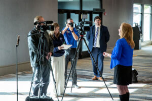 FMWF Chamber President and CEO Shannon Full talks to local media about the new Center for Civic Engagement.