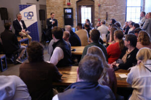North Dakota’s Secretary of State Michael Howe speaks to a full room at the Civics on Tap event on Nov. 17, 2025, sharing insights on civic leadership and public service.