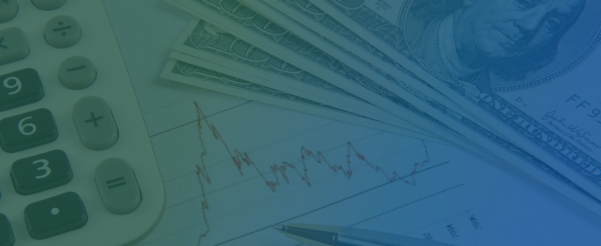 Midwest Economic Outlook Summit background - blue and green gradient over calculator, money, stat sheet