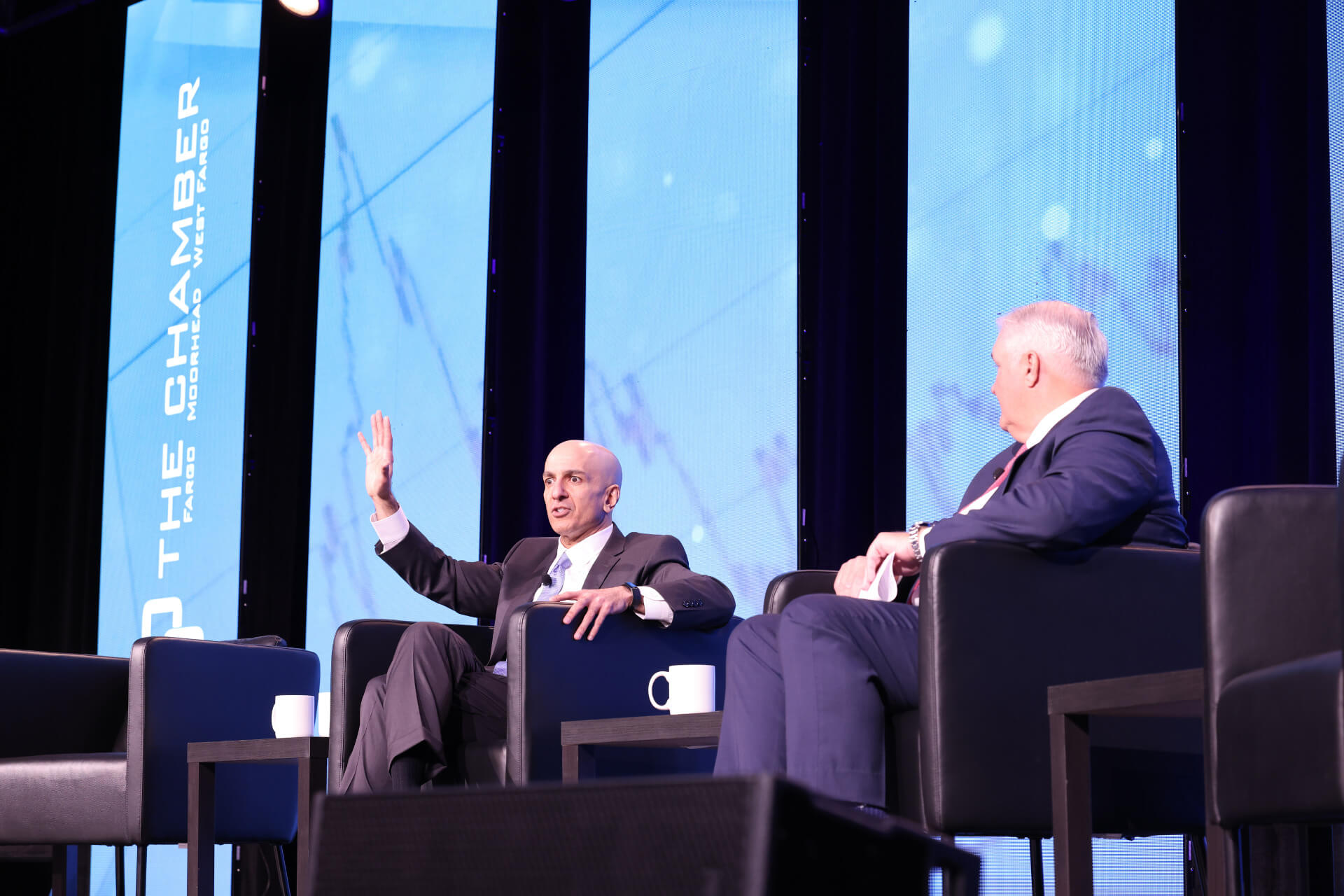 Neel Kashkari, president and CEO of the Federal Reserve Bank of Minneapolis, speaks during a fireside chat at the FMWF Chamber’s 2026 Midwest Economic Outlook Summit.
