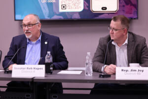 Sen. Rob Kupec and Rep. Jim Joy discuss legislative priorities during the Fargo Moorhead West Fargo Chamber of Commerce’s Minnesota Legislative Session Preview on Wednesday, Feb. 4, 2026, at the Clay County Law Enforcement Center in Moorhead.
