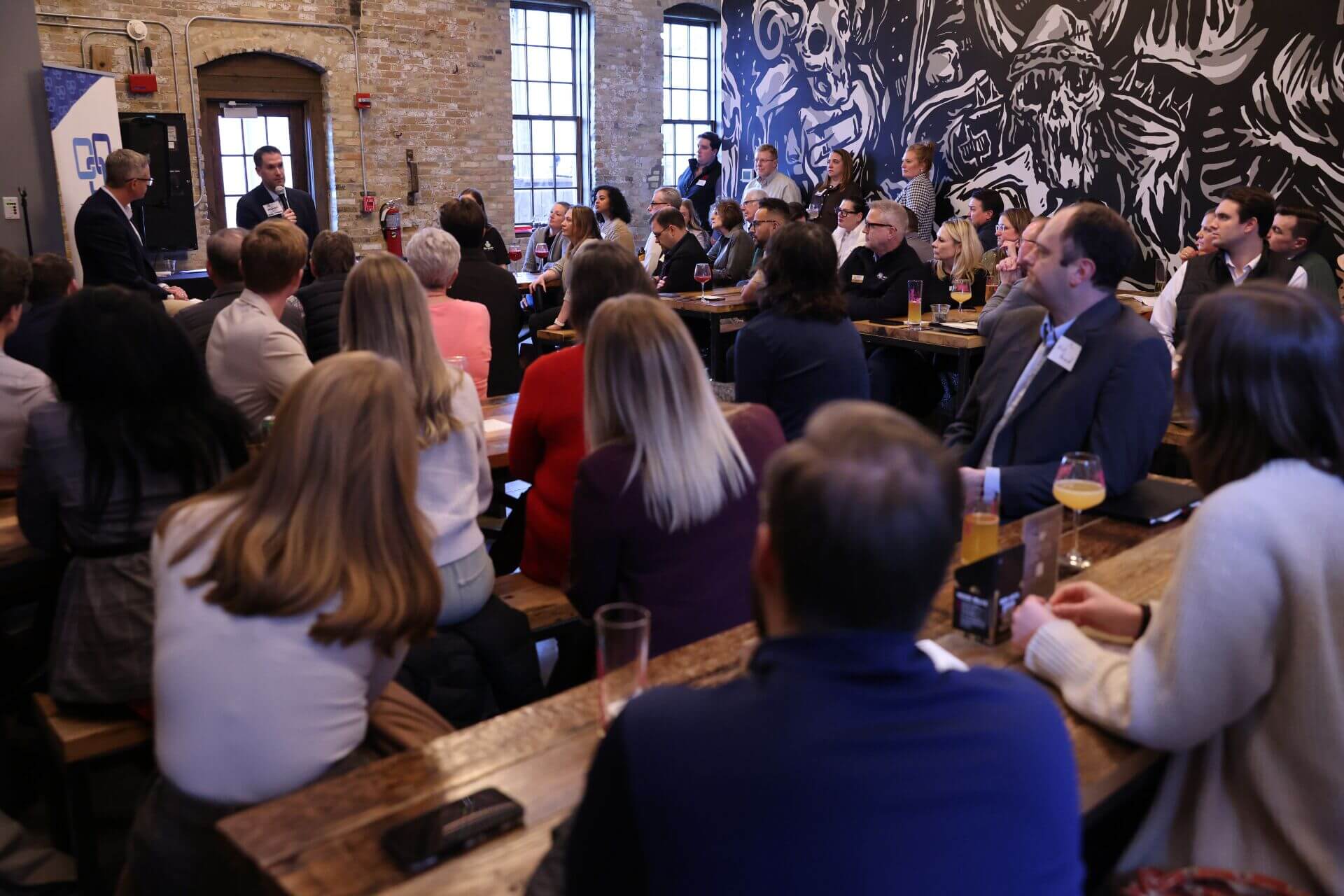 Attendees participate in small-group discussions during the Fargo Moorhead West Fargo Chamber’s Civics on Tap event at Drekker Brewing Company, exploring pathways to civic leadership and public service.