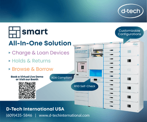 Ad for d-tech. All-in-one solution for charging and loan devices, holds and returns, and browse and borrow. Visit our booth for a demo.