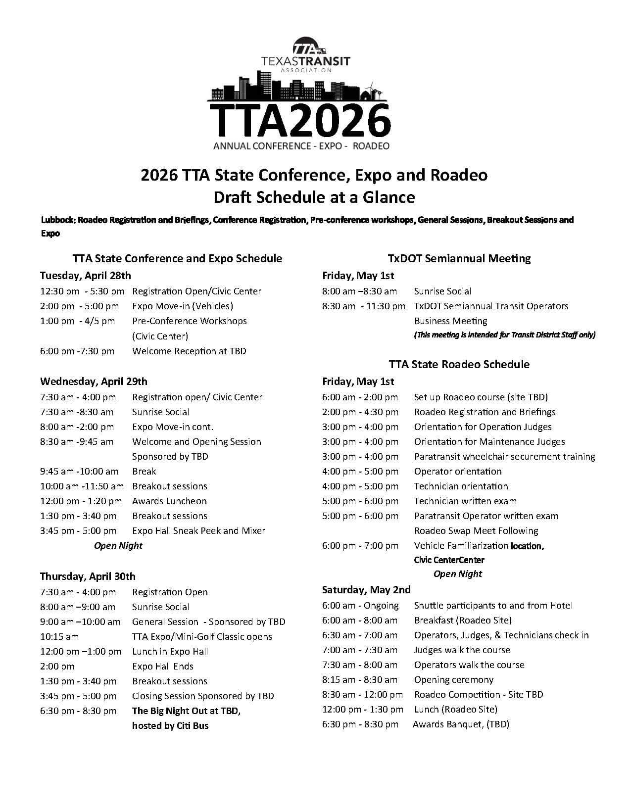 2026 Schedule at a Glance - Draft